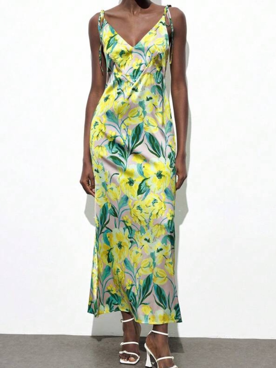 Floral Yellow Slip Dress With Green Leaf Print